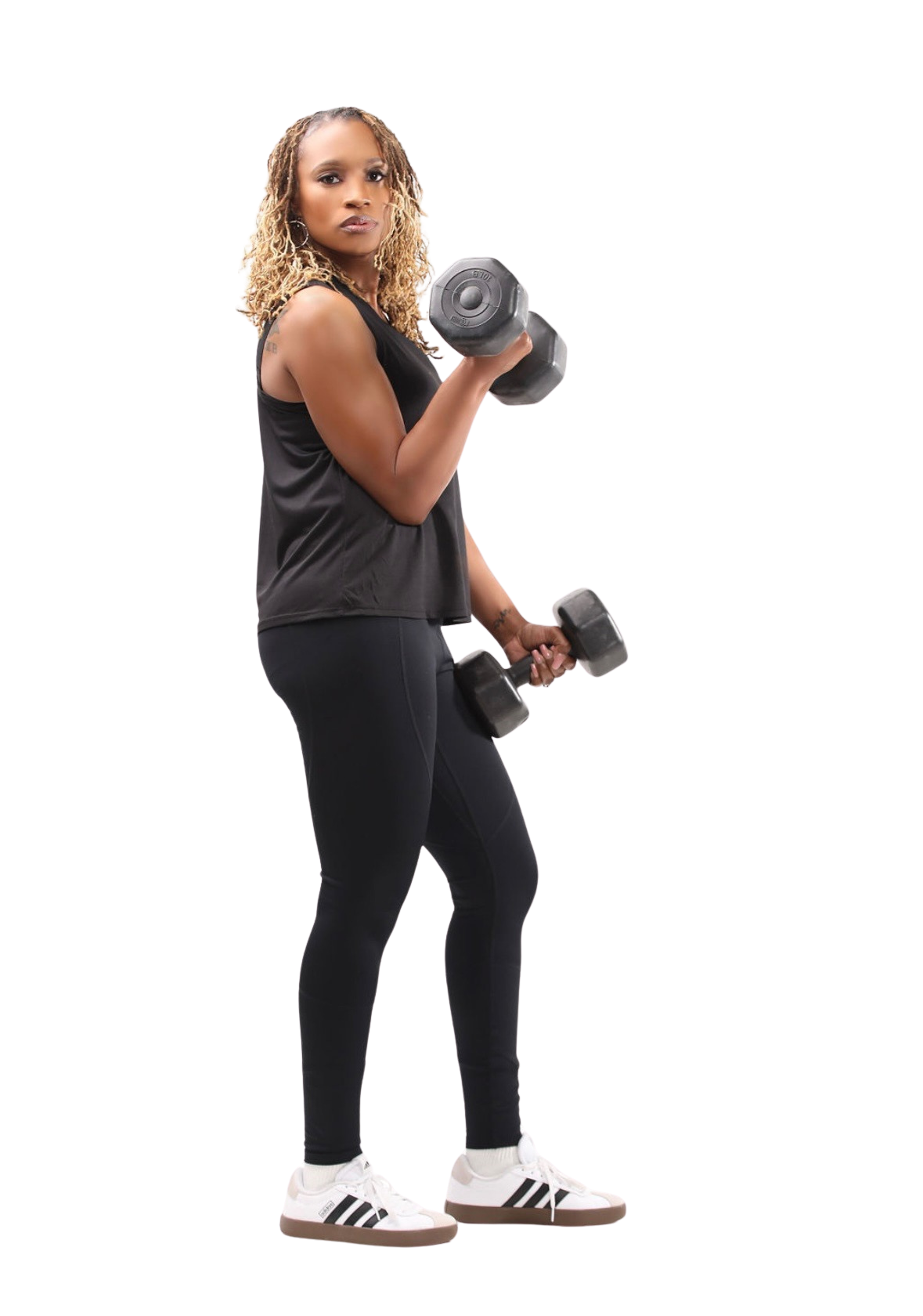 T holding dumbbells